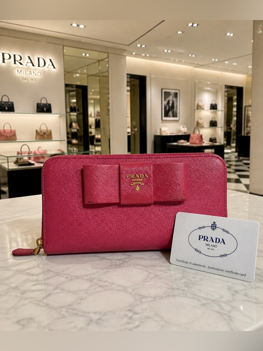 GUC Prada Pink Saffiano Metal Leather Bow Continental Wallet